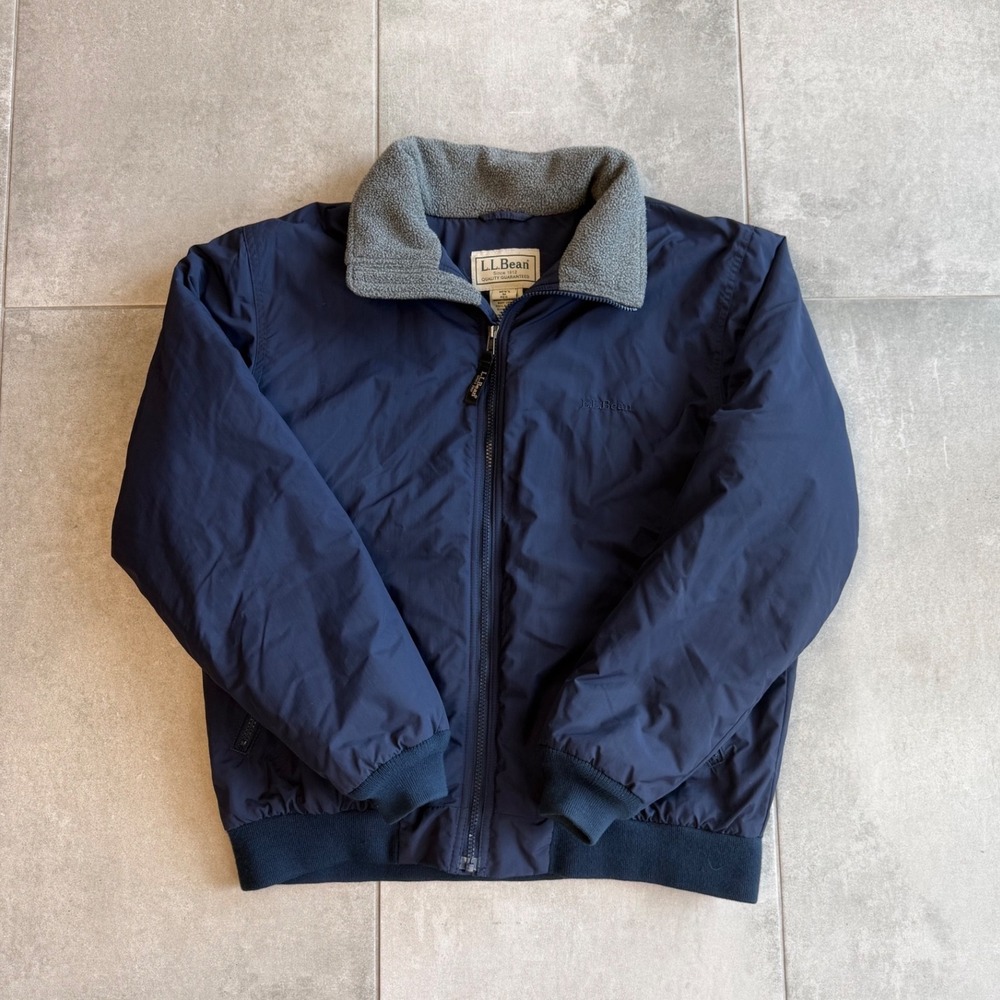 LL Bean Mens Warm Up Three Season Jacket Navy Blue Fleece Lined Bomber M Reg